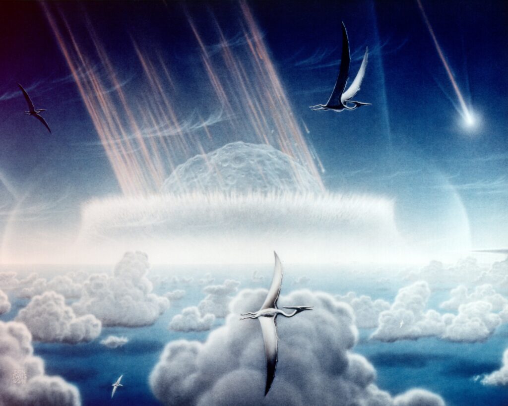 Artist impression of the Chicxulub asteroid impact at the end of the Cretaceous